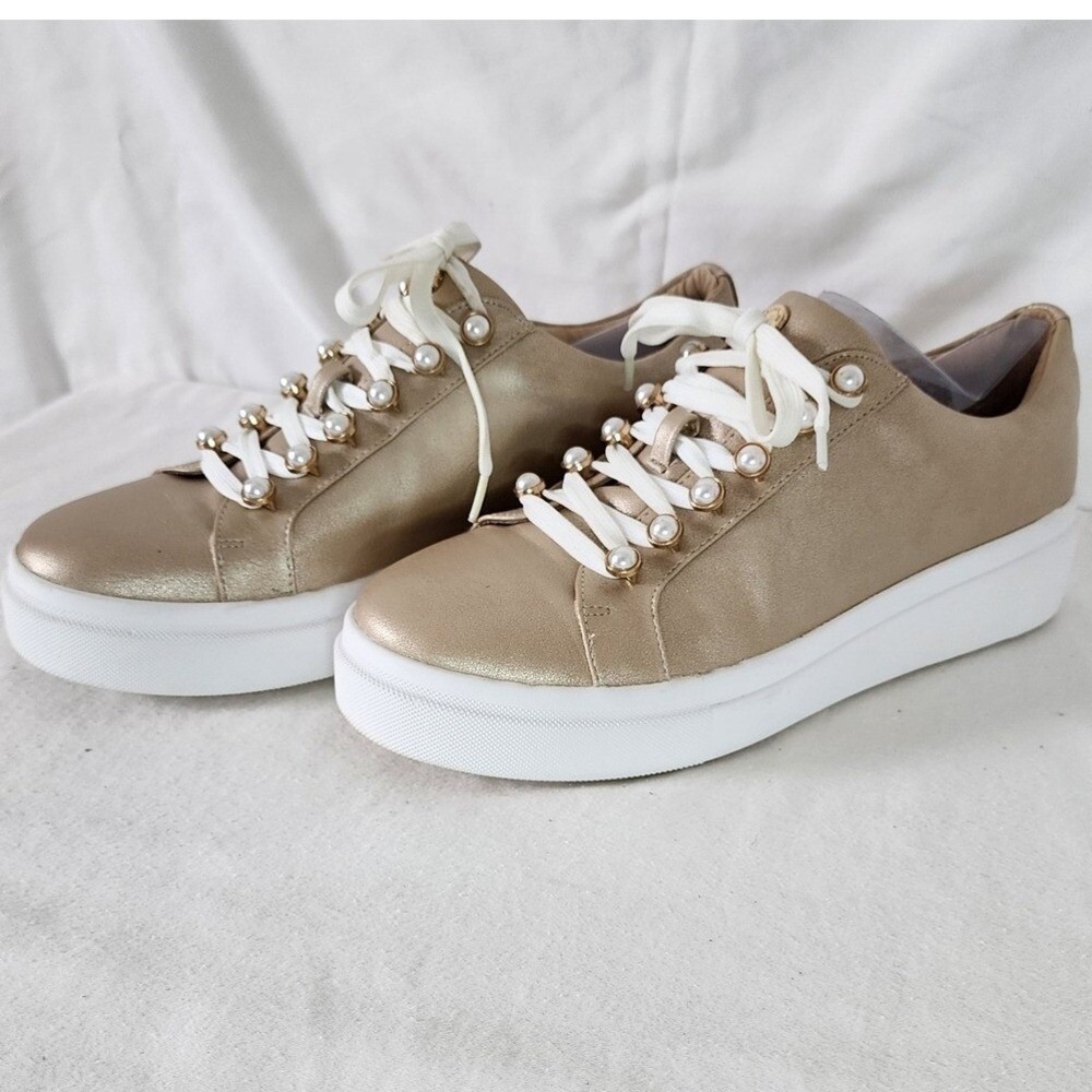 Yellow Box Espie Gold Metallic Pearl Embellished Platform Sneakers Womens 9.5